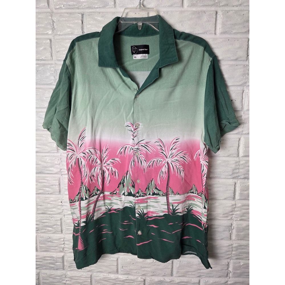 Original Use Men's button up shirt Size XL Tropical Palm trees Green Pink Rayon